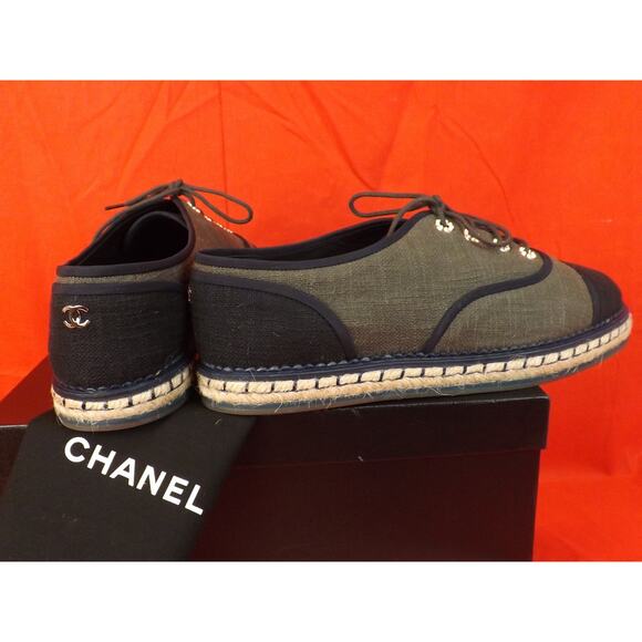 NIB CHANEL G31345 GREEN BLACK CANVAS PEARLS CC ESPADRILLE OXFORDS FLAT 40 - Picture 10 of 12